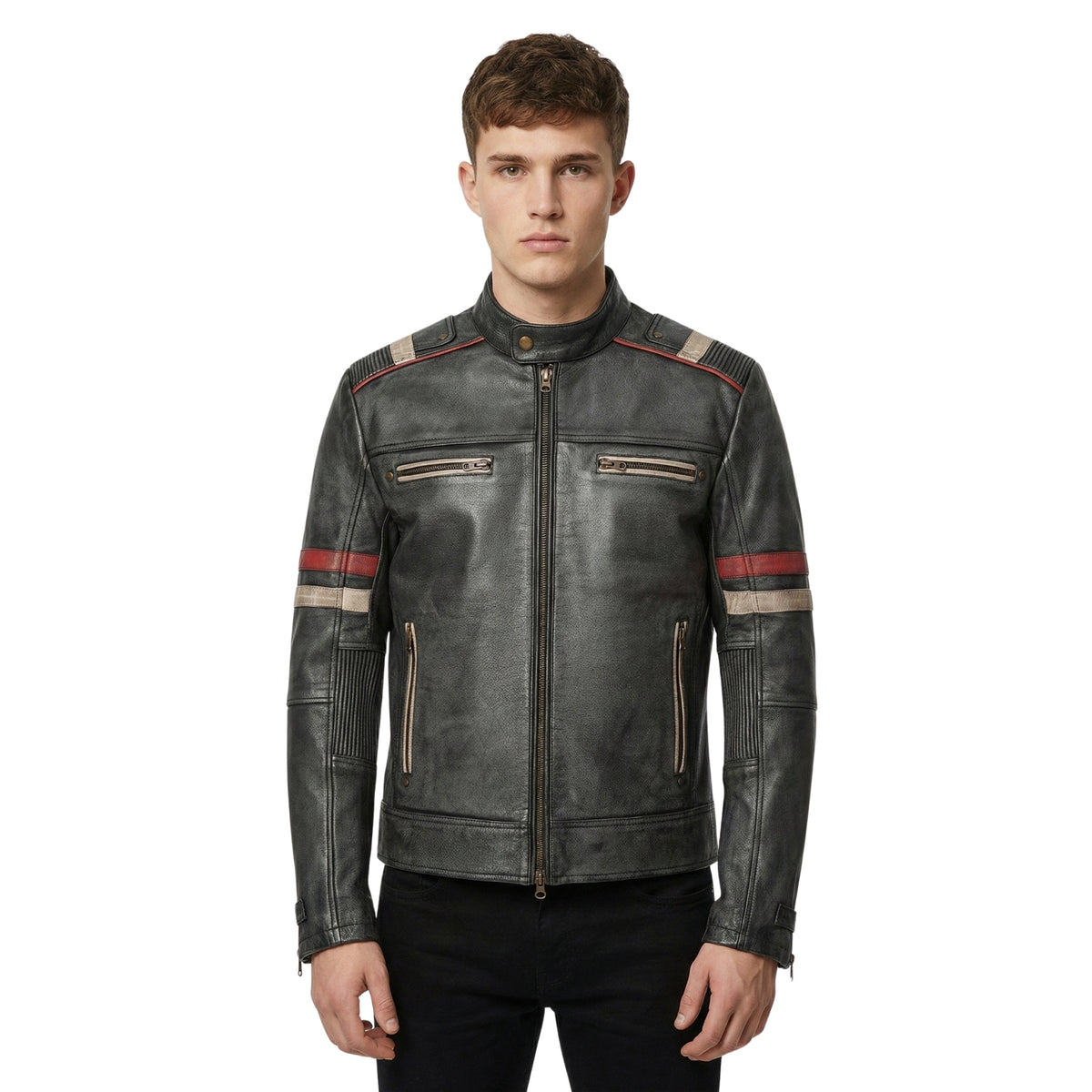 Front View Of Men's Retro 2 Charcoal Grey Distressed Leather Jacket