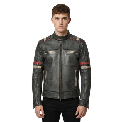 Front View Of Men's Retro 2 Charcoal Grey Distressed Leather Jacket