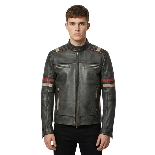 Front View Of Men's Retro 2 Charcoal Grey Distressed Leather Jacket