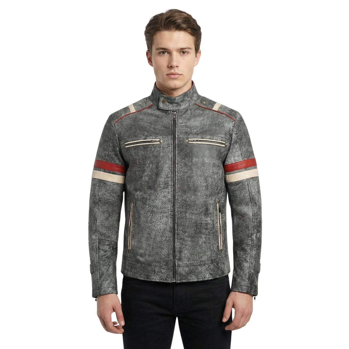 Front View Of Men's Retro 2 Distressed Grey Leather Cafe Racer Jacket