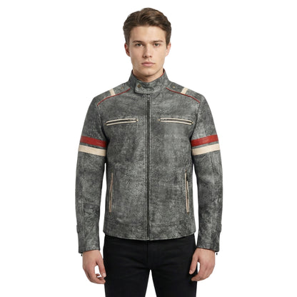 Front View Of Men's Retro 2 Distressed Grey Leather Cafe Racer Jacket