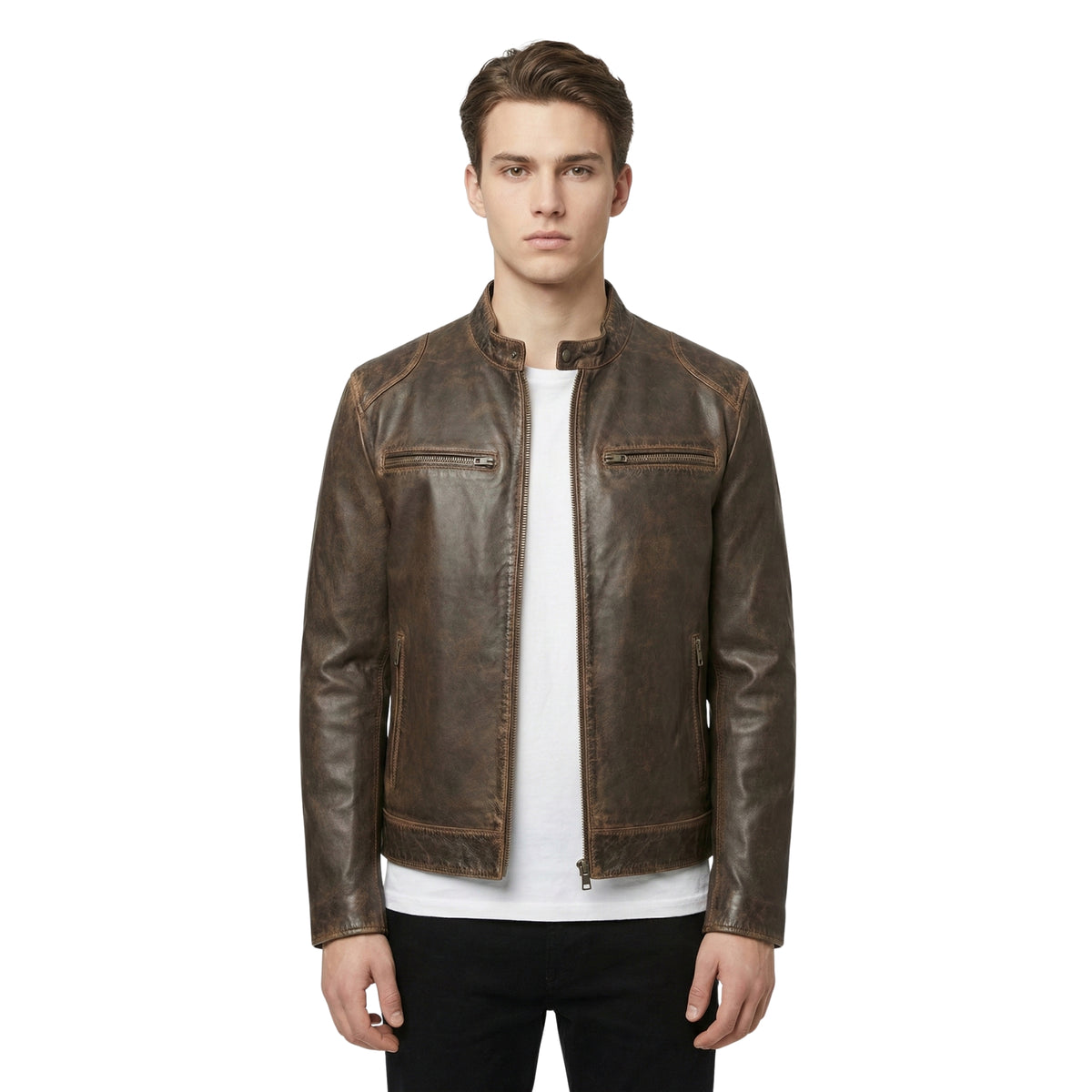 Fornt View Of Men's Vintage Brown Distressed Real Leather Biker Jacket