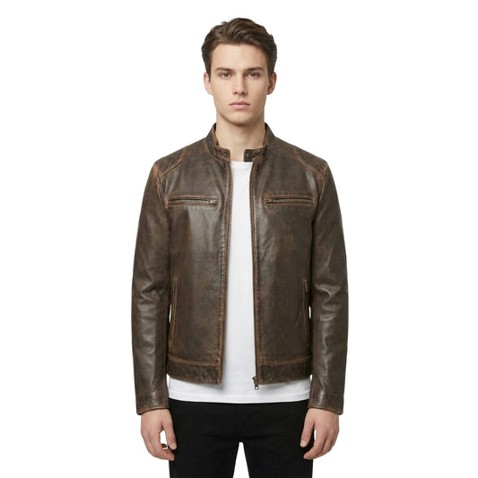 Fornt View Of Men's Vintage Brown Distressed Real Leather Biker Jacket