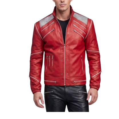 Front View Of Michael Jackson Beat It Red Faux Leather Jacket