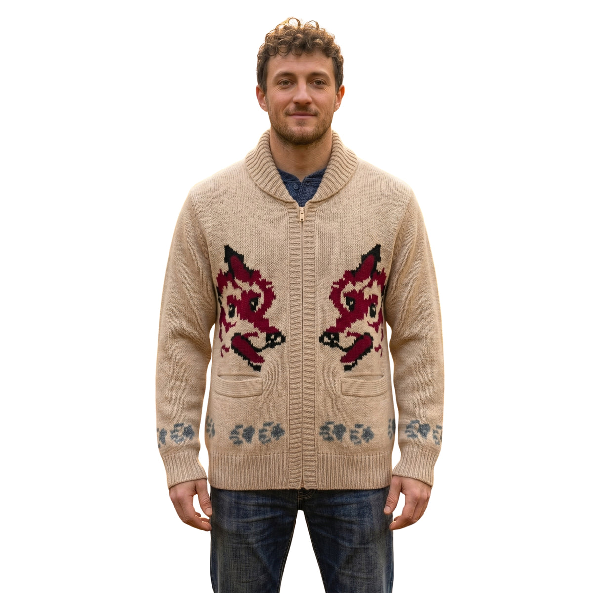 Front View Of Project Hail Mary Ryan Gosling Retro Wolf Knit Cardigan