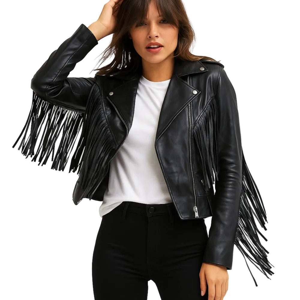Front View Of Women's Black Leather Fringe Jacket