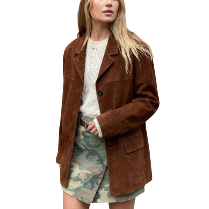 Front View Of Women's Vintage Brown Suede Leather Blazer