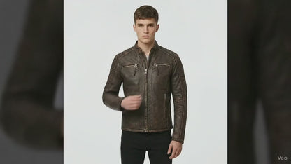 Men's Distressed Brown Genuine Leather Cafe Racer Jacket
